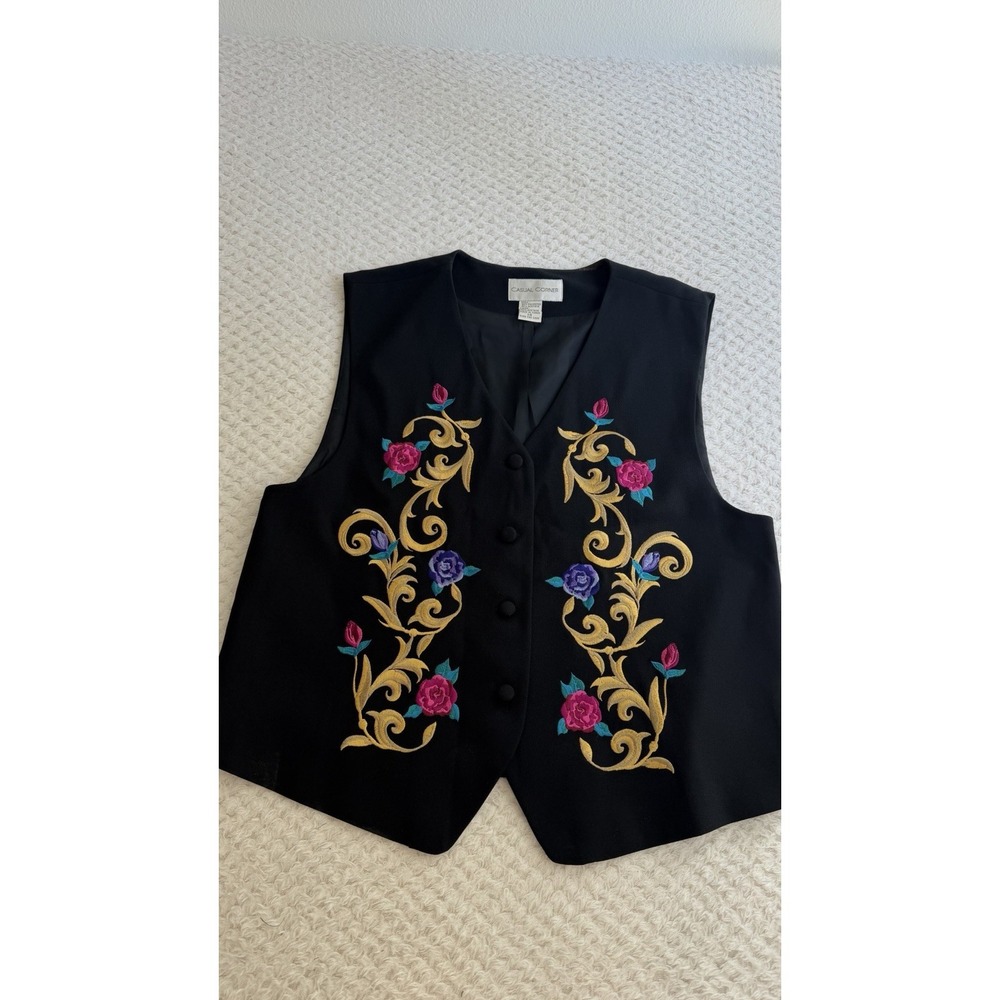 Casual Corner Vintage Black Embroidered Floral Button Up Vest Womens 14 90s Boho